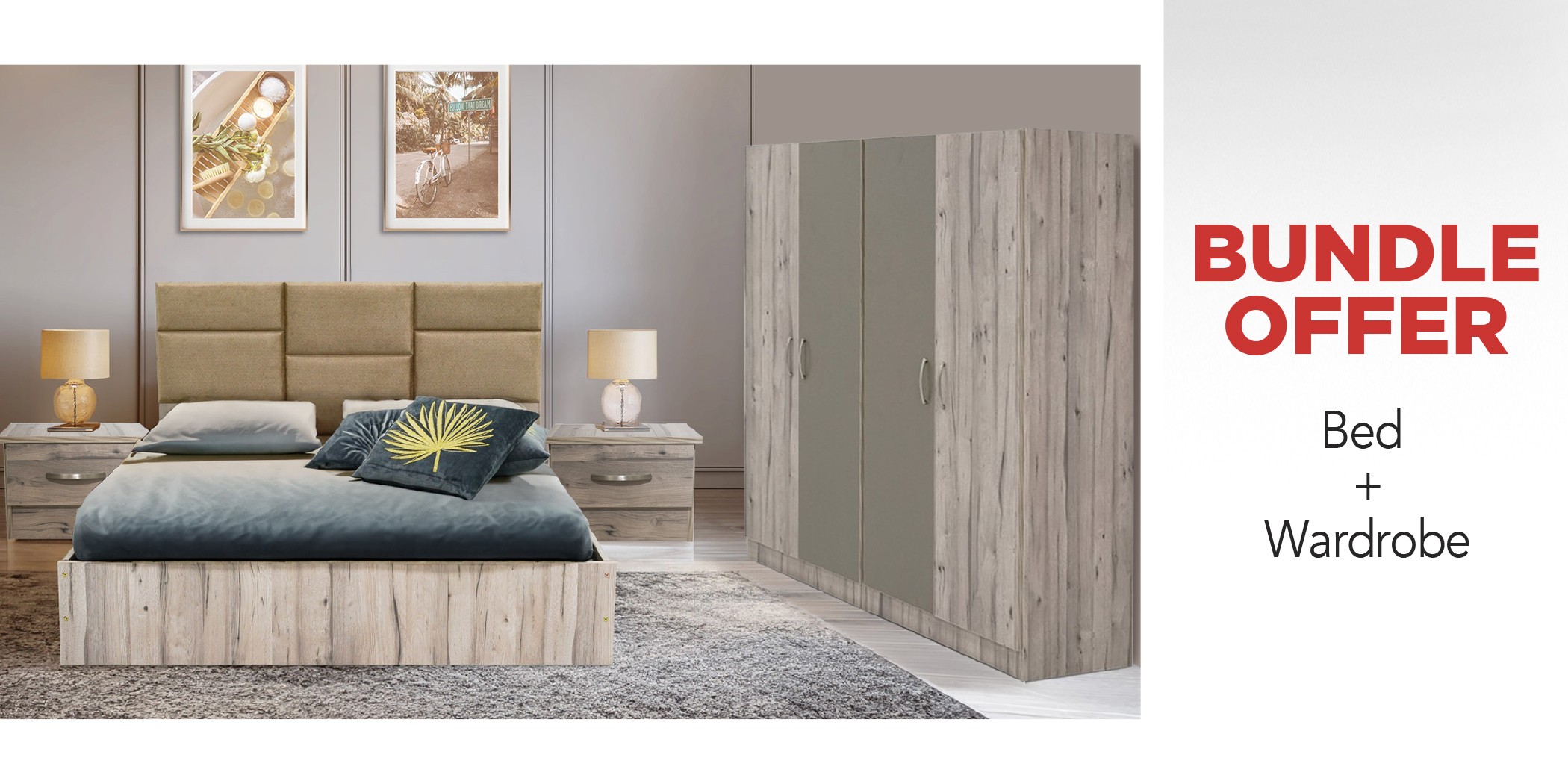 Deanston Bed 150x190 cm Brown Fabric + Deanston Wardrobe 4 Doors Florensa & Plain Zircon