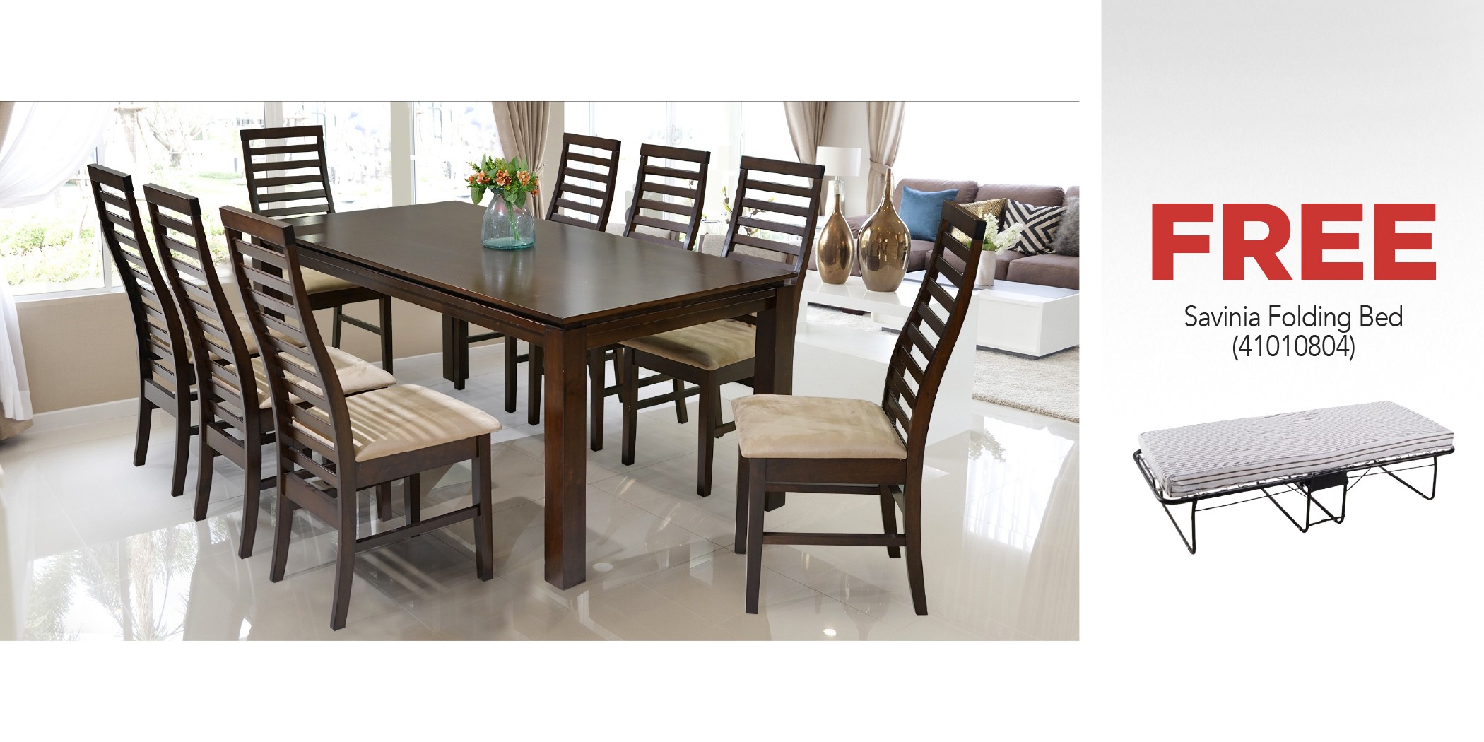 Legenda Table and 8 Chairs Rubberwood & Free Savinia Folding Bed