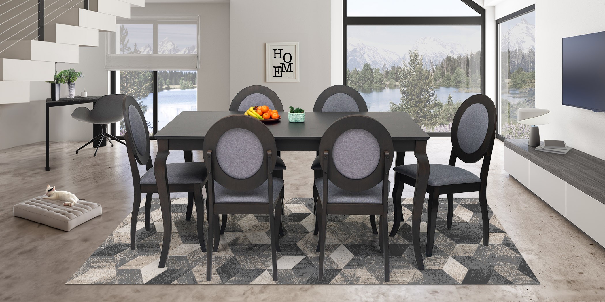 Juvina Table and 6 Chairs Rubberwood Grey Fabric