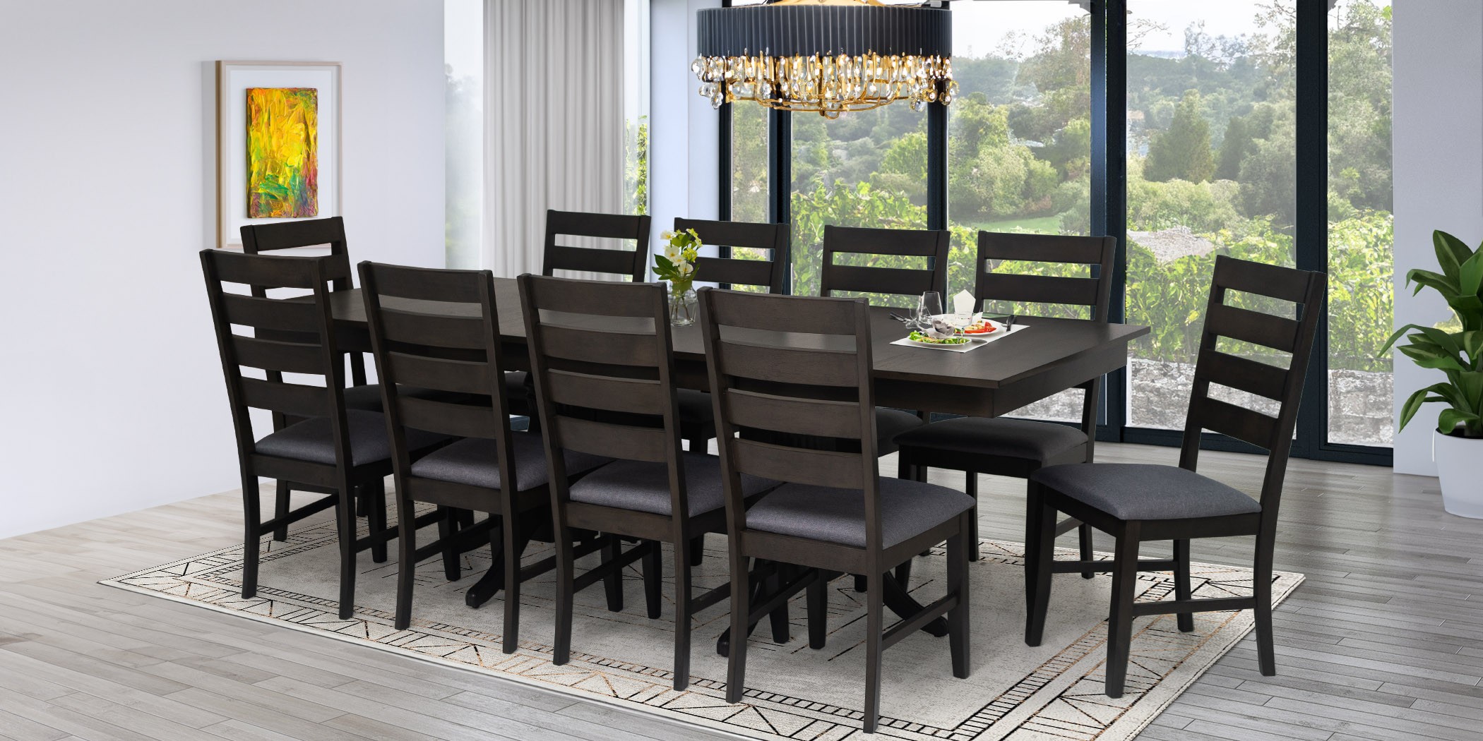 Huston Table and 10 Chairs Rubberwood Grey Fabric