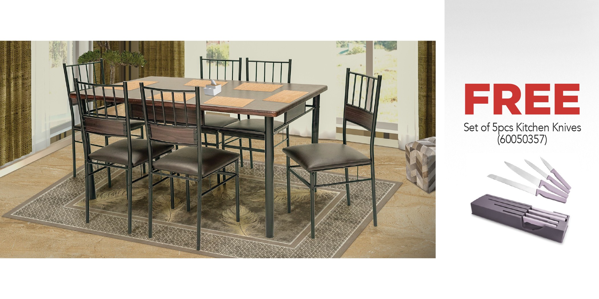 Ixora Table and 6 Chairs Metal/MDF Top & Free 5 Pcs Kitchen Knife With Block Set