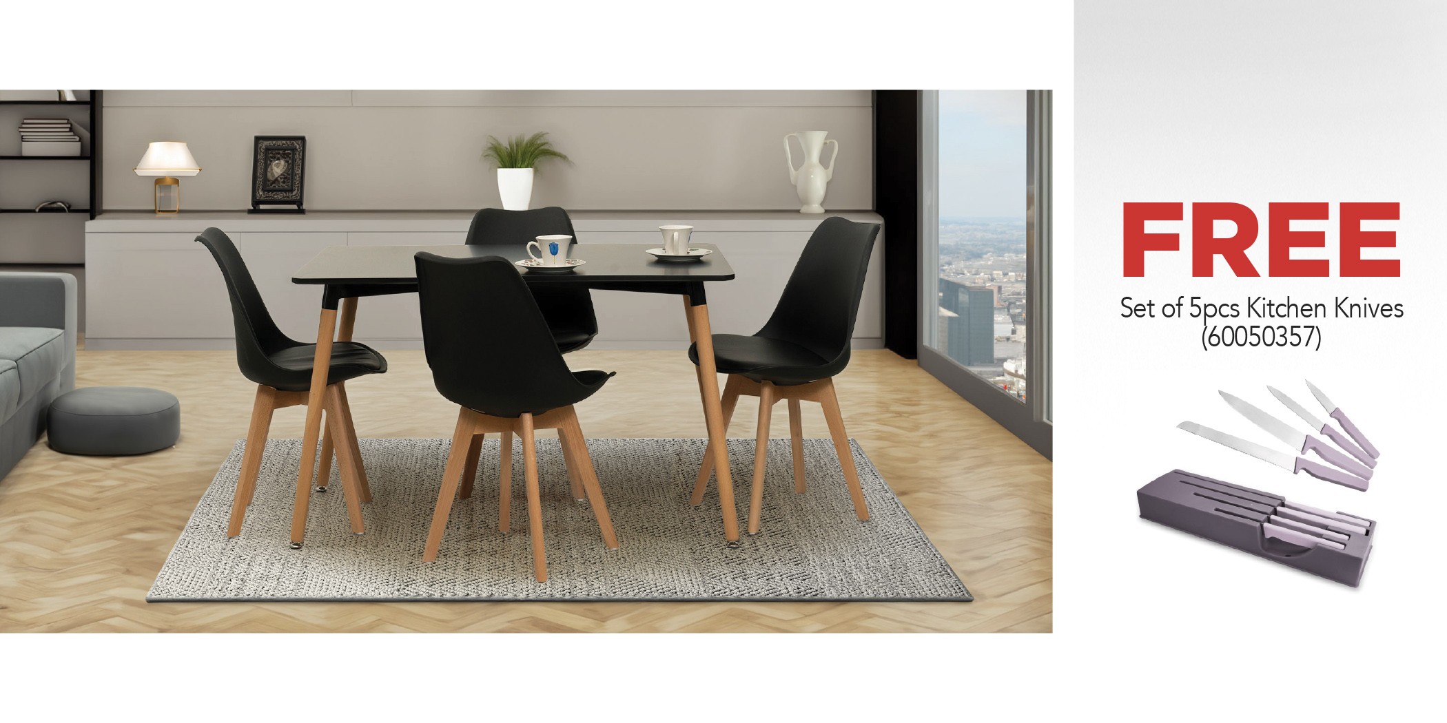 Adrian Table & 4 Chairs Black & Free 5 Pcs Kitchen Knife With Block Set