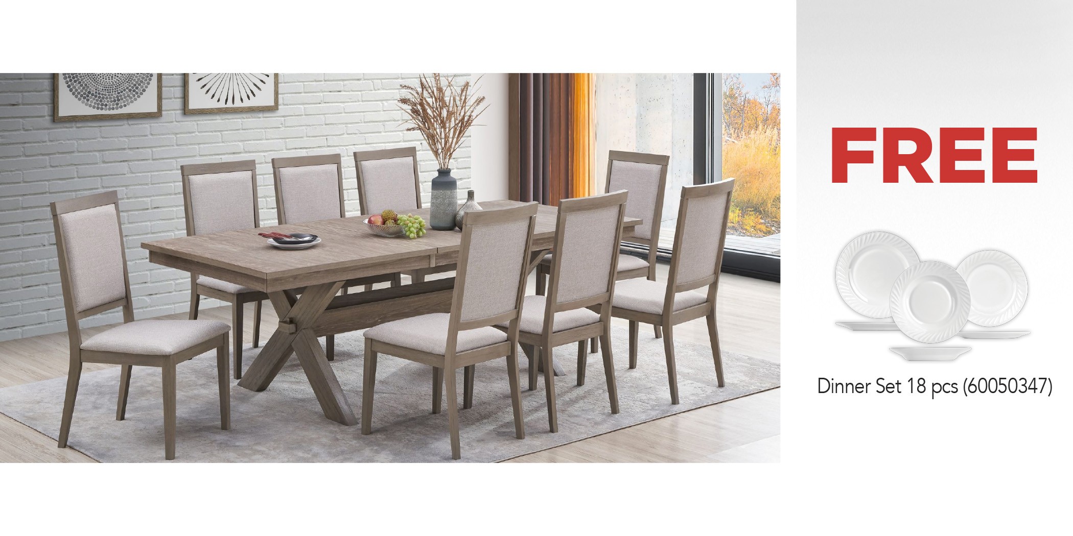 Frosina Table and 8 Chairs Rubberwood & Free Dinner Set 18 pcs Opal Plain White Glass