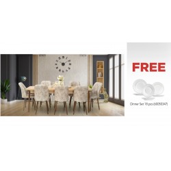 Miray Table & 8 Chairs Light Brown Fabric & Free Dinner Set 18 pcs Opal Plain White Glass