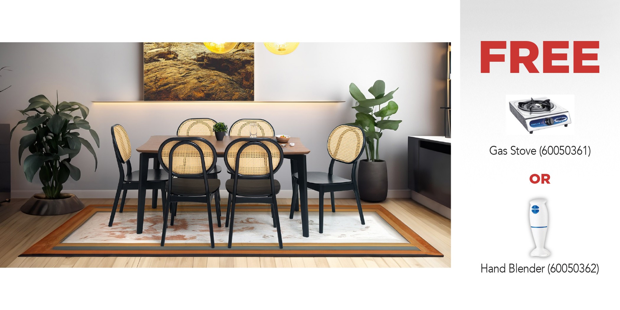 Macallan Table and 6 Chairs & Free Gas Stove Ref CGS-SS01-1Y OR Hand Blender Ref CEB-101P