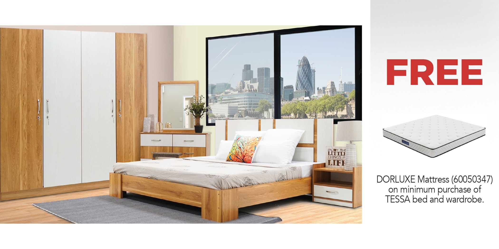 Tessa Bed 180x200 cm MDF + Tessa Wardrobe 4 Doors MDF & Free Dorluxe Spinal Memory King 180x200 cm Tessa Bed 180x200 cm MDF + Tessa Wardrobe 4 Doors MDF & Free Dorluxe Spinal Memory King 180x200 cm