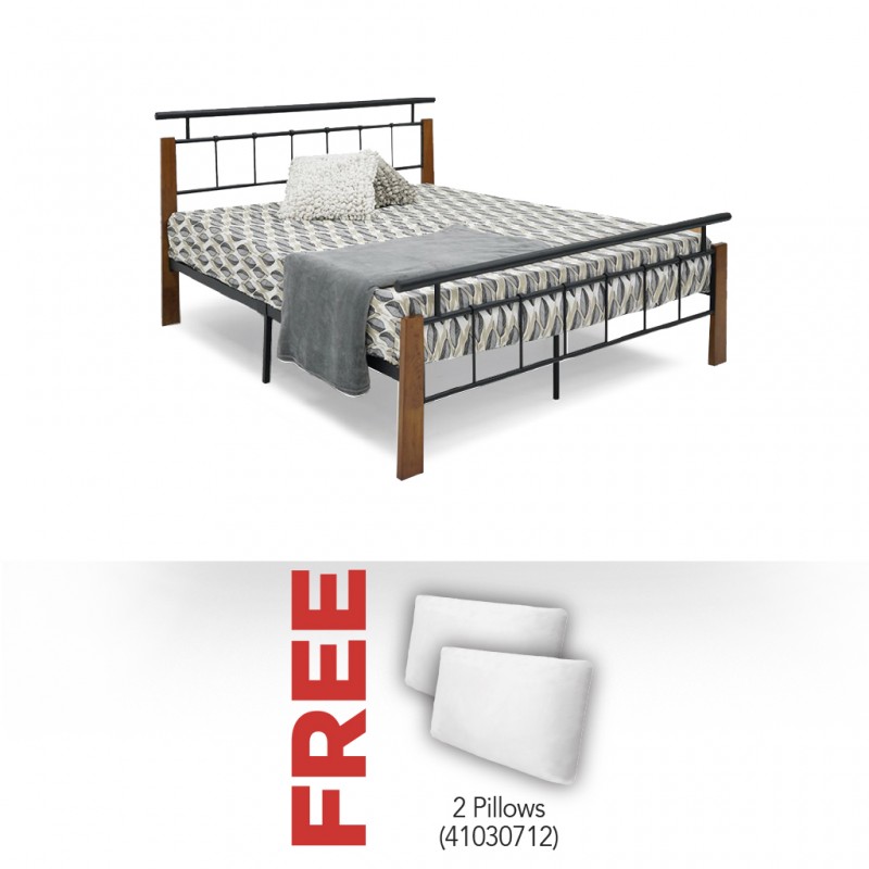 Rhodes Bed 160x200 cm Black Metal Rubberwood & Free X2 Pillow White Micro Polyester 45x65 cm