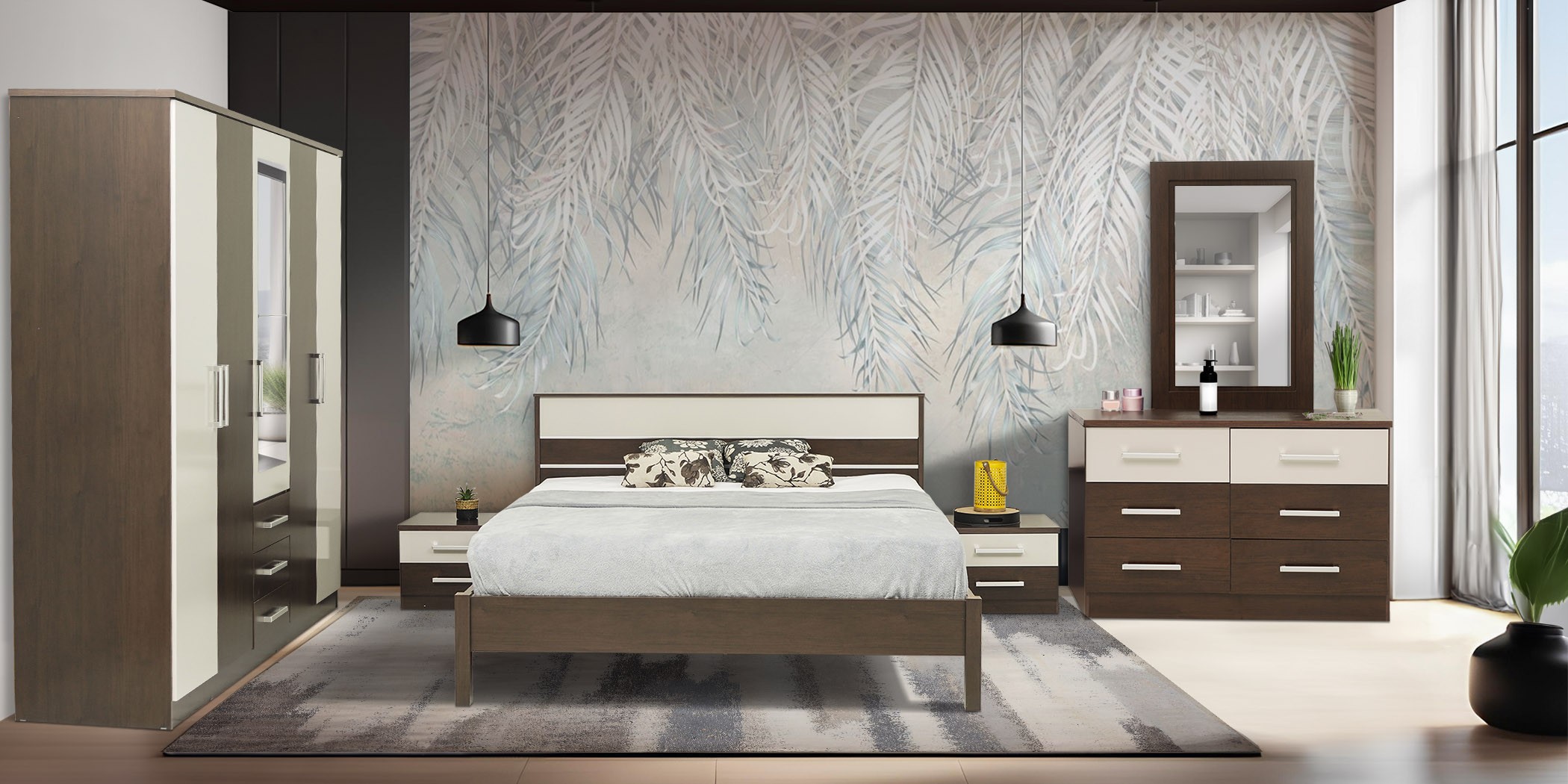 Miami Bedroom Set 180x200 cm Imbuia/Off White