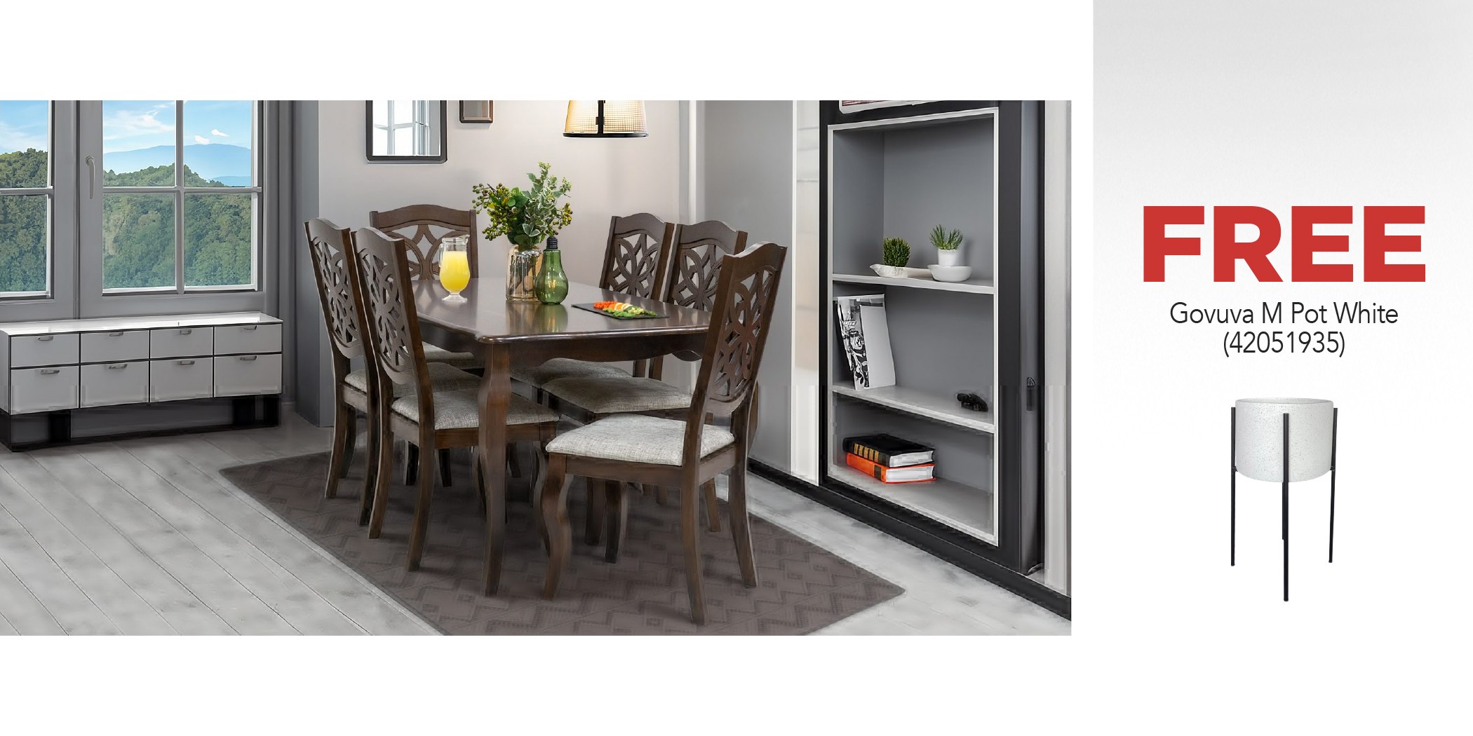 Toerra Table and 6 Chairs Rubberwood Black Cherry & Free Govuva M Pot White Terrazzo Cement