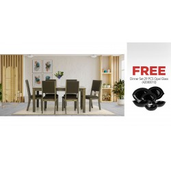 Silver Table and 6 Chairs Rubberwood White Wash & Free Dinner Set 29 PCS Opal Glass Black Leaf Design