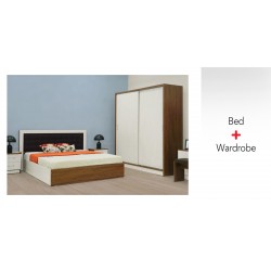 Barcelona Bed 160x200 cm & Barcelona Sliding Wardrobe Dark Walnut / White Ash