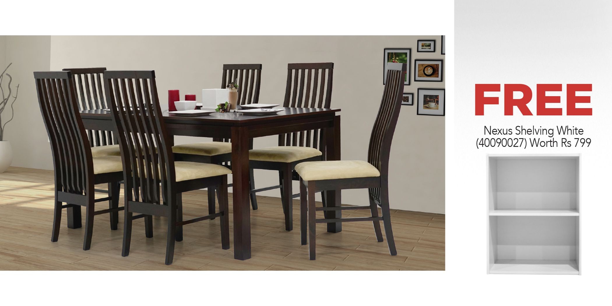 Caribean Table and 6 Chairs Rubberwood & Free Nexus Shelving White Particle Board MB084
