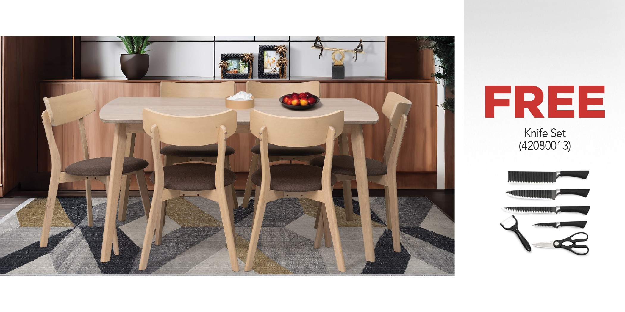 Tarva Table and 6 Chairs Fabric Brown & Free Knife Set 6 Pcs In Color Box