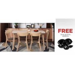 Tarva Table and 6 Chairs Fabric Brown & Free Dinner Set 29 PCS Opal Glass Black Leaf Design