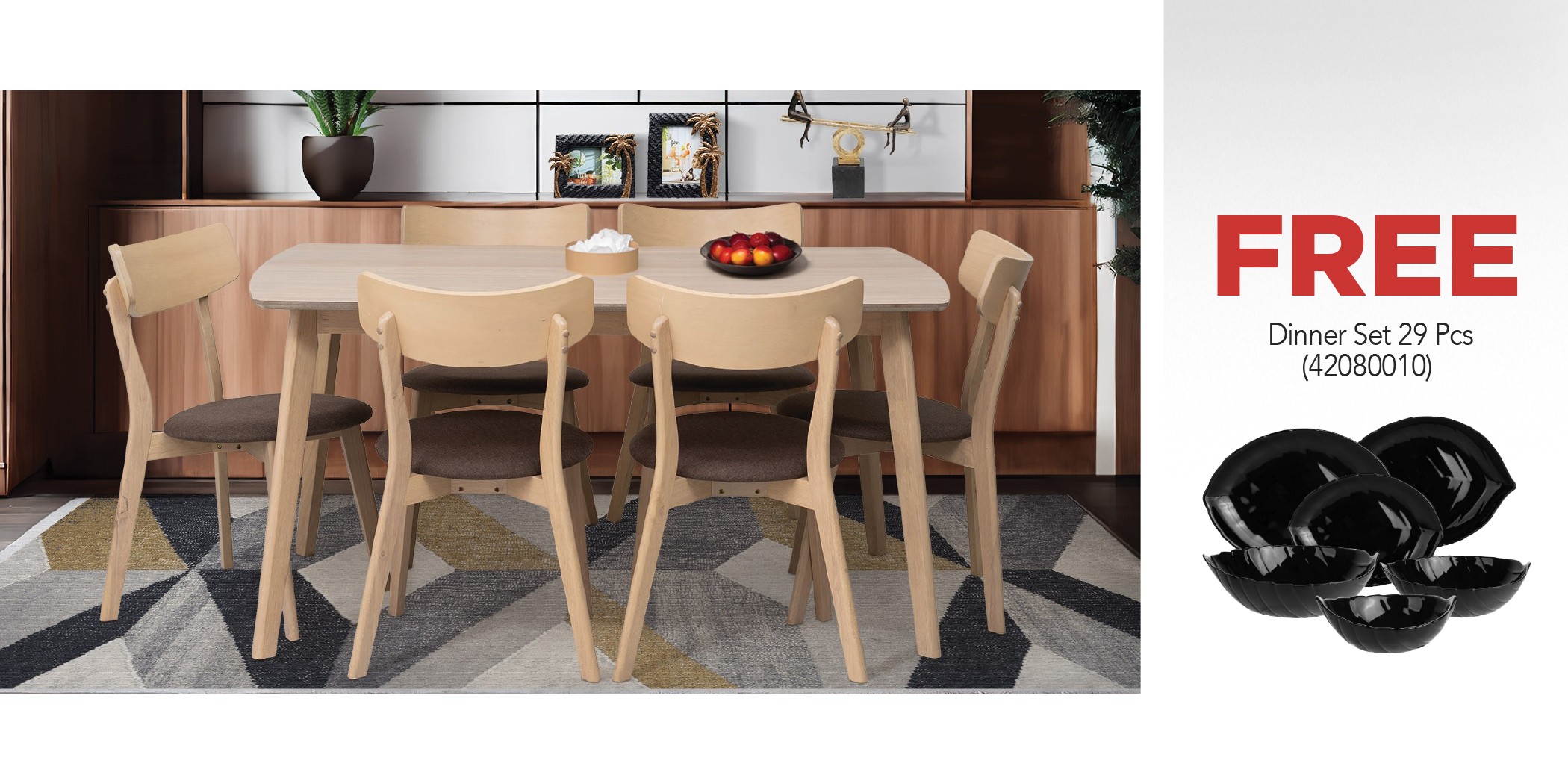 Tarva Table and 6 Chairs Fabric Brown & Free Dinner Set 29 PCS Opal Glass Black Leaf Design