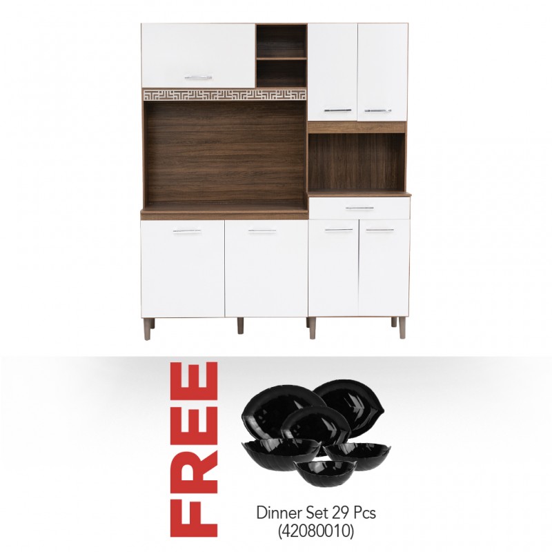 Yara 160 cm Kitchen Unit Rustic Evora/Off White & Free Dinner Set 29 PCS Opal Glass Black Leaf Design Yara 160 cm Kitchen Unit Rustic Evora/Off White & Free Dinner Set 29 PCS Opal Glass Black Leaf Design