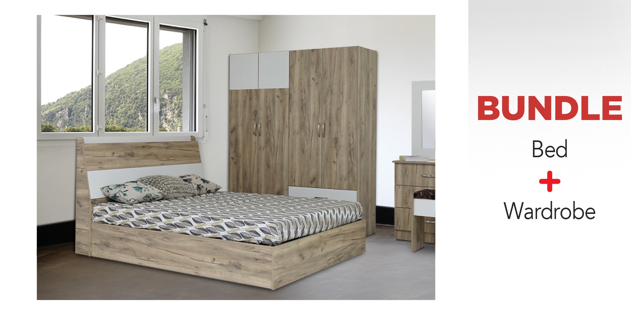 Lazzio Bed 180x200 cm & Wardrobe 4 Doors Grey Oak / White Matt