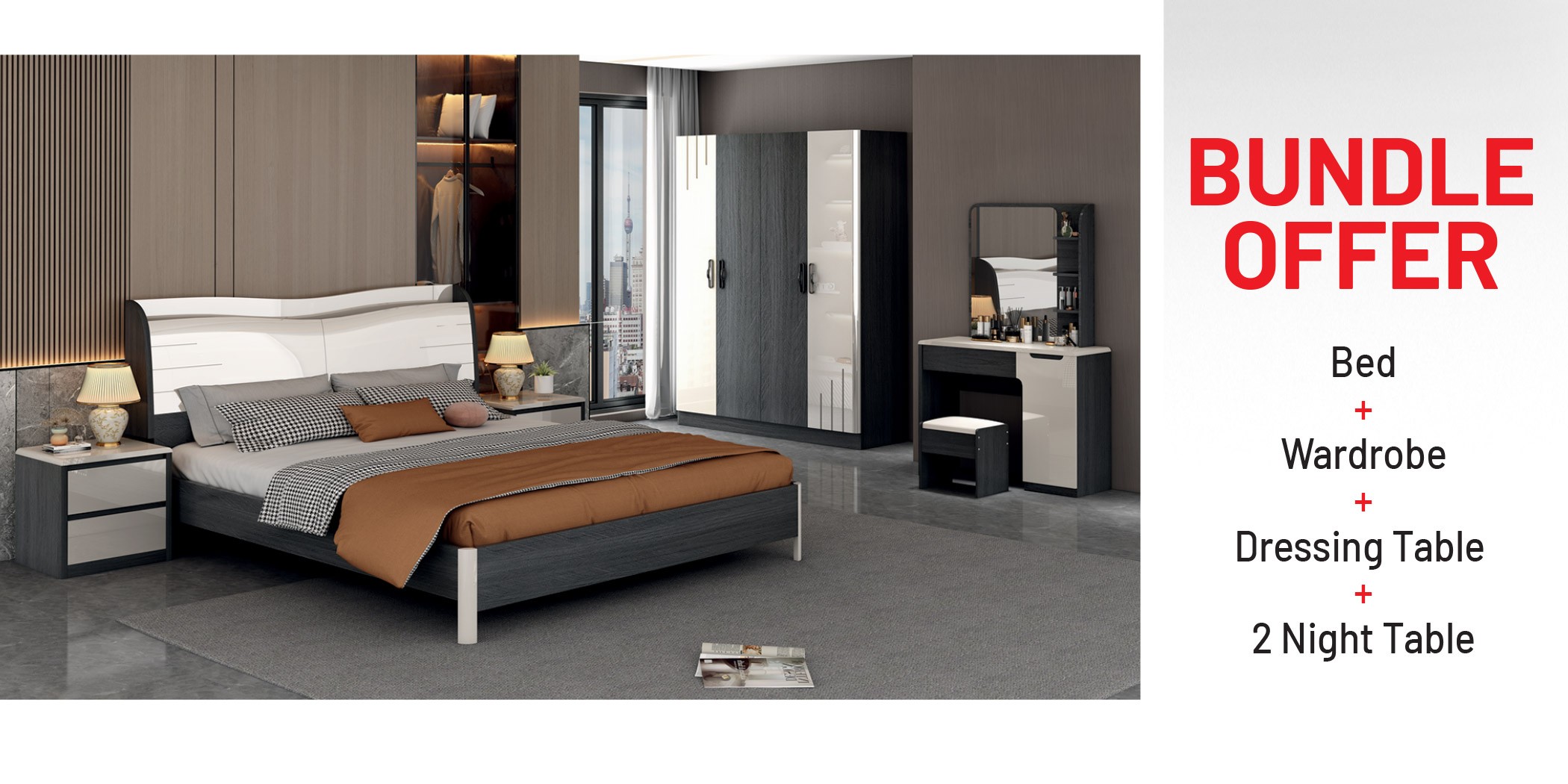 Hugo Bed 180x200 cm +  Wardrobe 4 Doors + Dressing Table With Stool + 2 x Night Tables