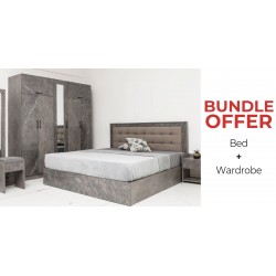 Montale Bed 180x200 cm & Montale Wardrobe 5 Doors & 2 Flap Doors Dark Ash Glossy And light Ash Matt With Mirror