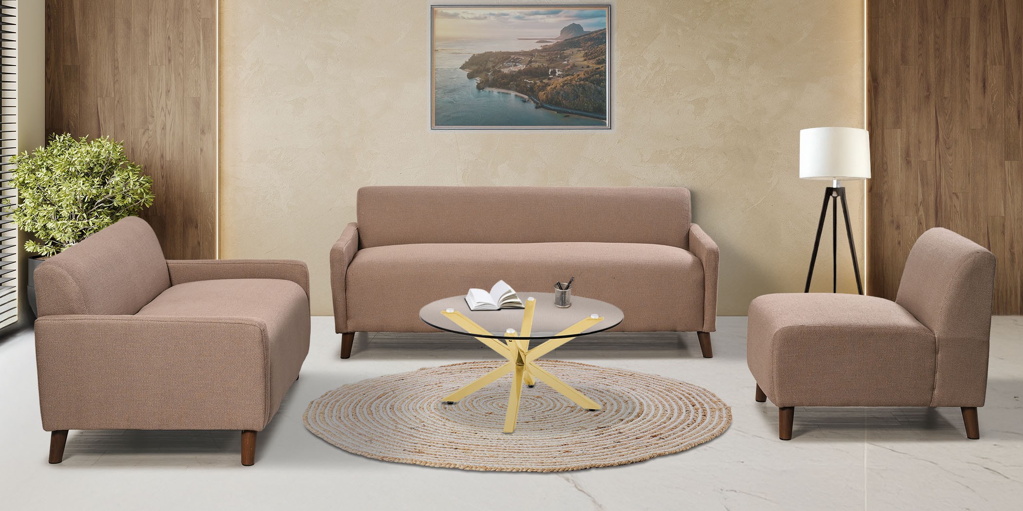 Asana Sofa 3+2+Armless Chair Brown Fabric