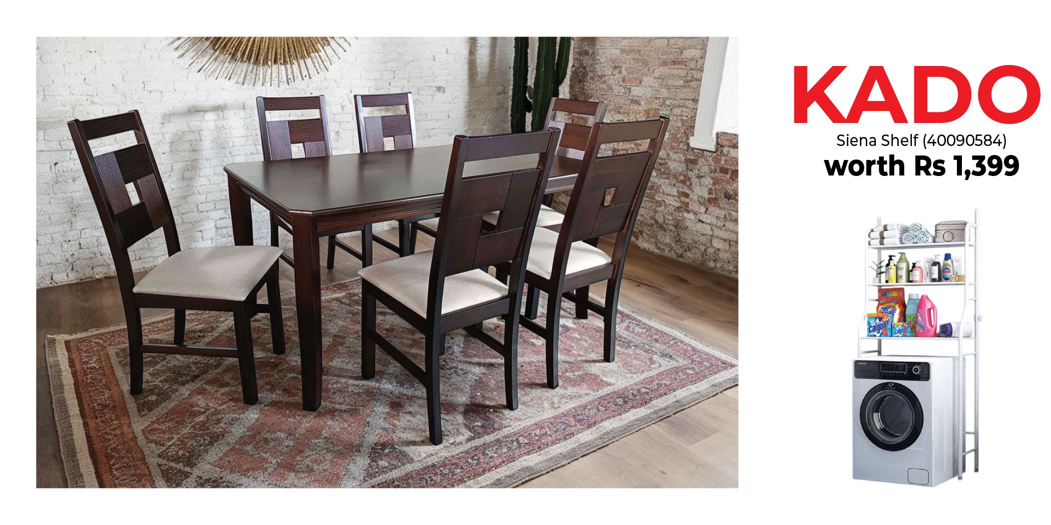 Salome Table and 6 Chairs Cappuccino Rubberwood & Free Siena Washing Machine Rack White
