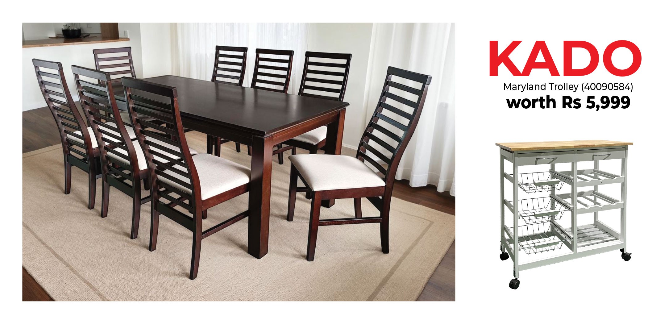 Legenda Table and 8 Chairs Cappuccino Rubberwood & Free Maryland Kitchen Island Cart Trolley Legenda Table and 8 Chairs Cappuccino Rubberwood & Free Maryland Kitchen Island Cart Trolley