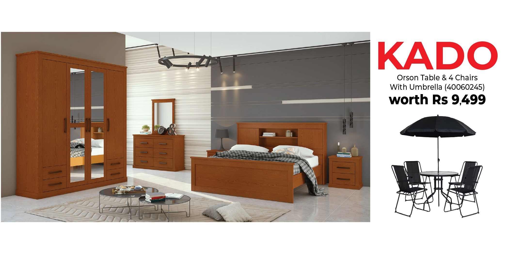 Rustic Bedroom Set 180x200 cm Frassino Color & Free Orson Table & 4 Chairs With Umbrella Black