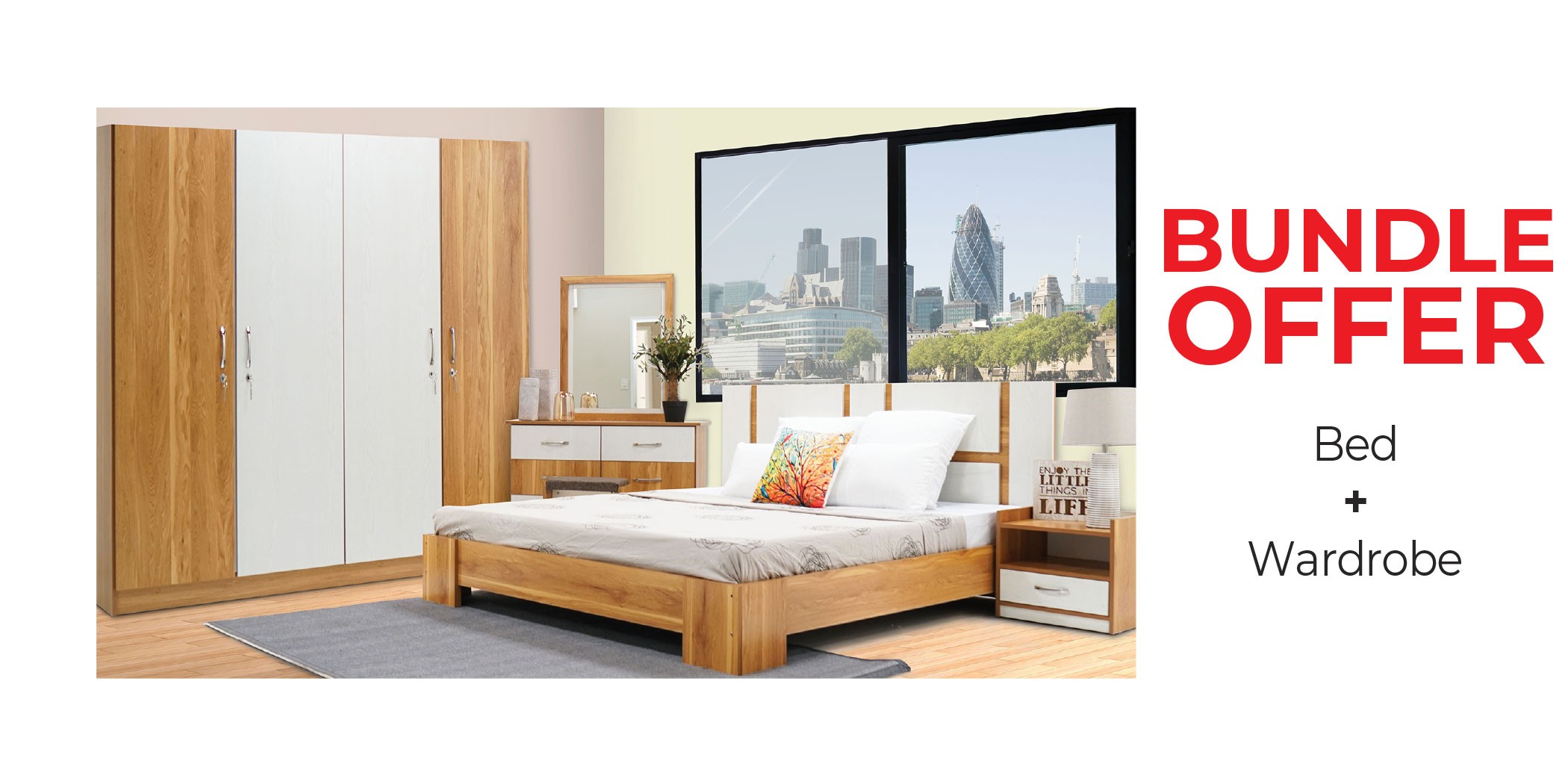 Tessa Bed 180x200 cm & Tessa Wardrobe 4 Doors MDF Off White & Oak Tessa Bed 180x200 cm & Tessa Wardrobe 4 Doors MDF Off White & Oak