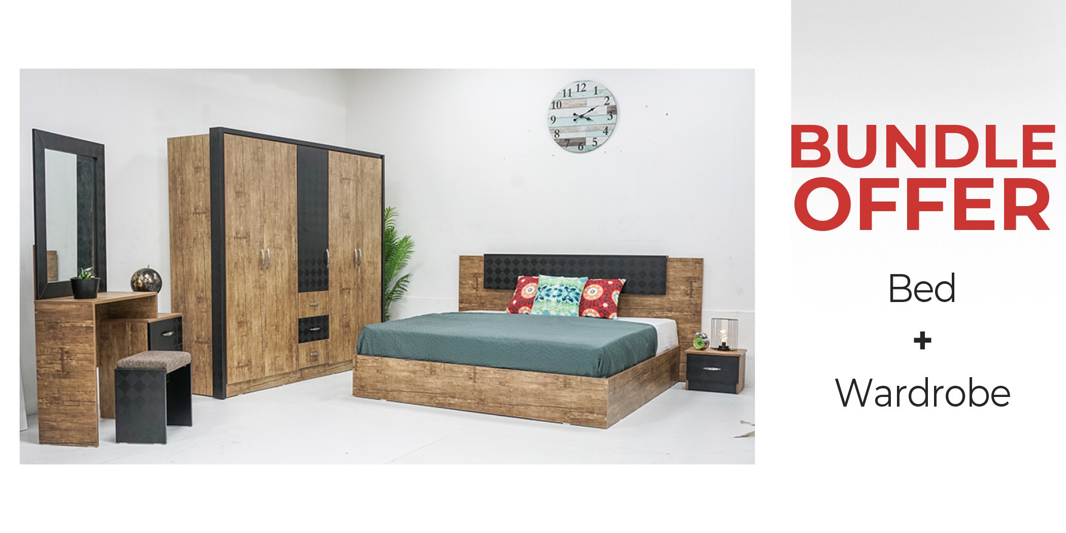 Vecelo Bed 180x200cm MDF & Vecelo Wardrobe 5 Doors Opera Walnut & Black