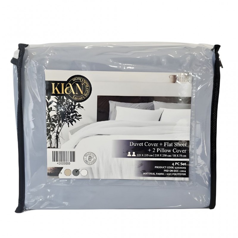Duvet Cover, Flat Sheet & 2 Pillows Grey - Double Set of 4 Pcs - Micro Polyester