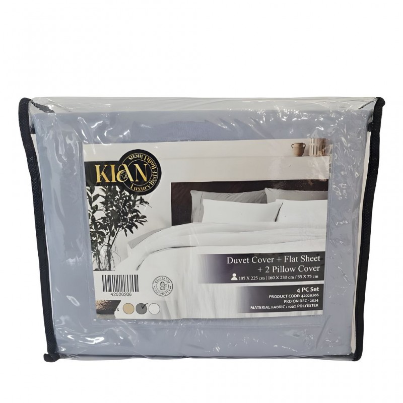 Duvet Cover, Flat Sheet & 2 Pillows Grey - Single Set of 4 Pcs - Micro Polyester Duvet Cover, Flat Sheet & 2 Pillows Grey - Single Set of 4 Pcs - Micro Polyester
