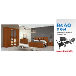 Rustic Bedroom Set 180x200 cm Frassino Color & Russo Sofa Set 2+1+1 With Coffee Table Black