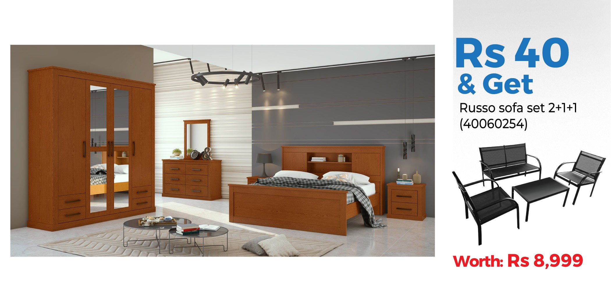 Rustic Bedroom Set 180x200 cm Frassino Color & Russo Sofa Set 2+1+1 With Coffee Table Black