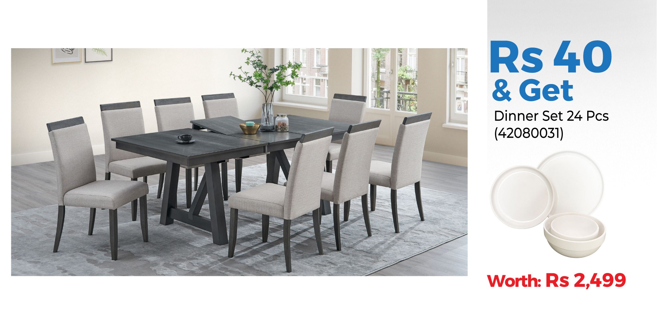 Ashzone Extendable Table and 10 Chairs Sky Grey & Dinner Set 24 Pcs White