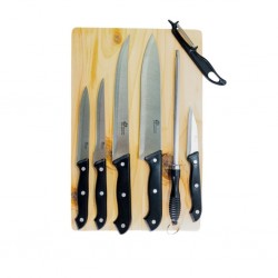 Pradel 5 Kitchen Knives, 1 Peeler, 1 Rifle With Wooden Board - P0001730/7416 "O"