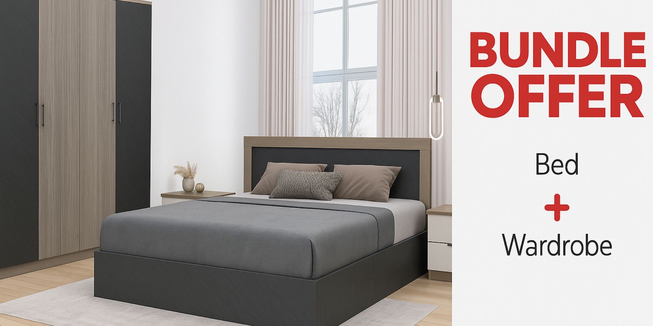 Linea Bed 150x190 cm  & Linea Wardrobe 4 Doors