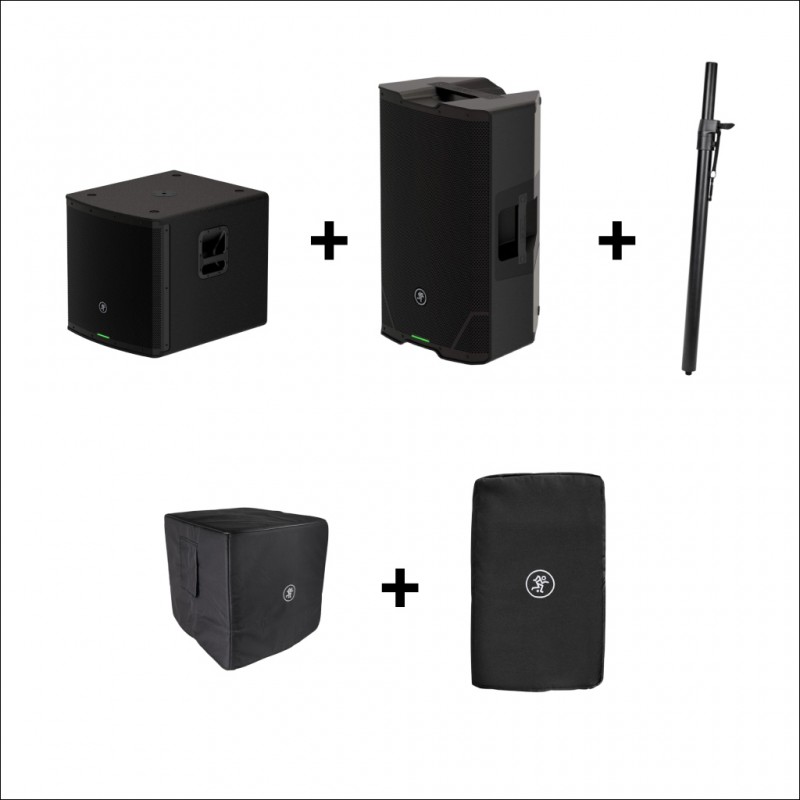 Mackie Powered Subwoofer + Mackie Powered Loudspeaker + Mackie Speaker Pole + Mackie Slip Cover + Mackie Speaker Cover Mackie Powered Subwoofer + Mackie Powered Loudspeaker + Mackie Speaker Pole + Mackie Slip Cover + Mackie Speaker Cover