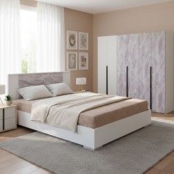 Sofia Bed 160x200 cm & Sofia Wardrobe 6 Doors Marble Grey And White
