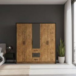 Vecelo Wardrobe 5 Doors & 3 Drawers Opera Walnut & Black