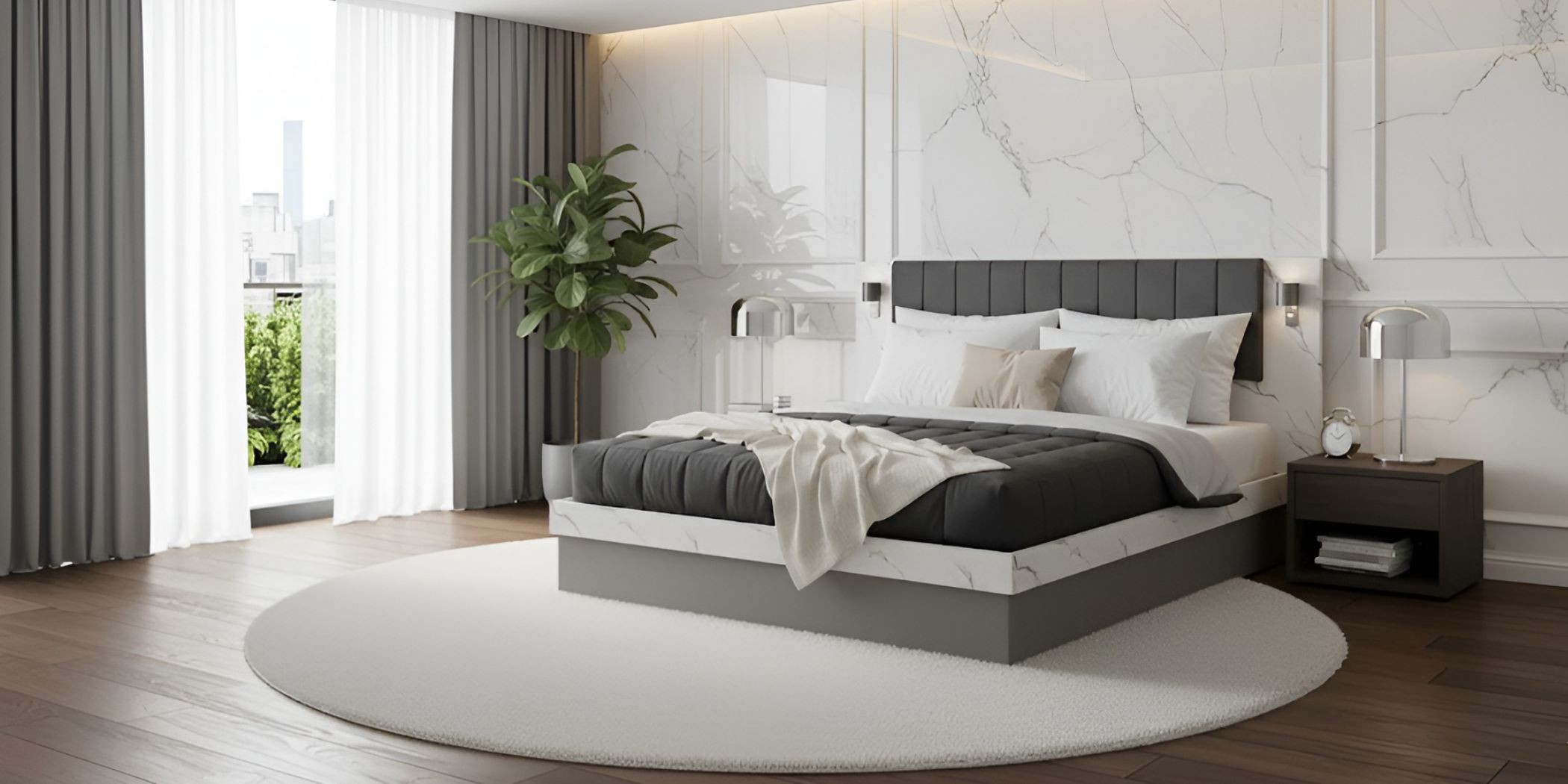 Venicia Bed 160x200 cm Upholstered With Lamps In MDF/Plywood