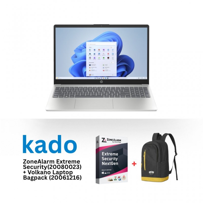 HP 15 Core i7-1355U Natural Silver B0BP1EA & Free ZoneAlarm Extreme Security + Volkano Splash 15.6” Laptop Backpack Char/Gold