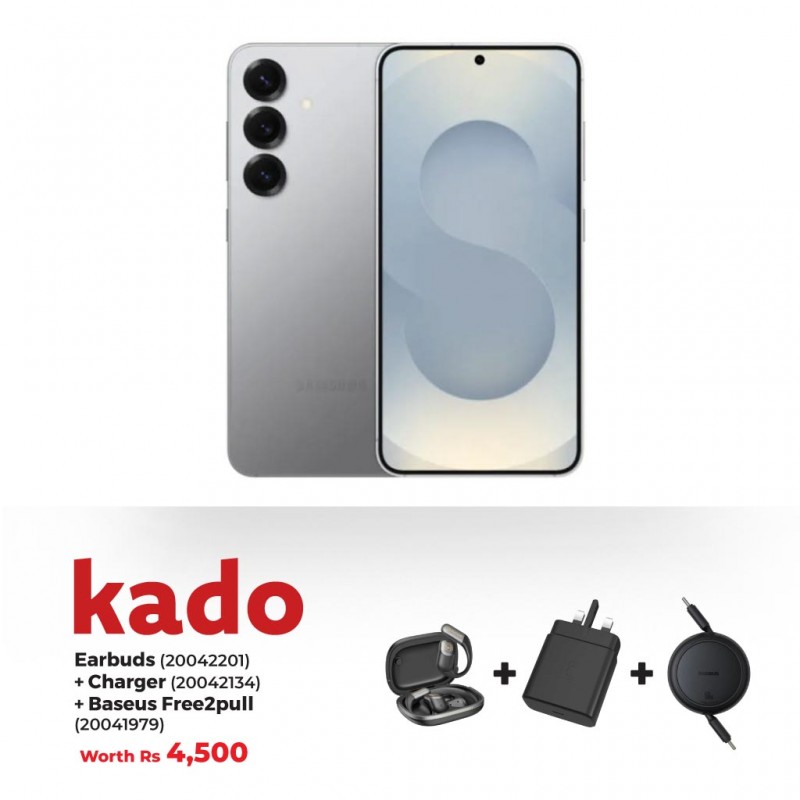 Samsung Galaxy S25 Silver & Free LAMBORGHINI EARBUDS + CHARGER + Baseus Free 2 Pull Mini Charging Cable