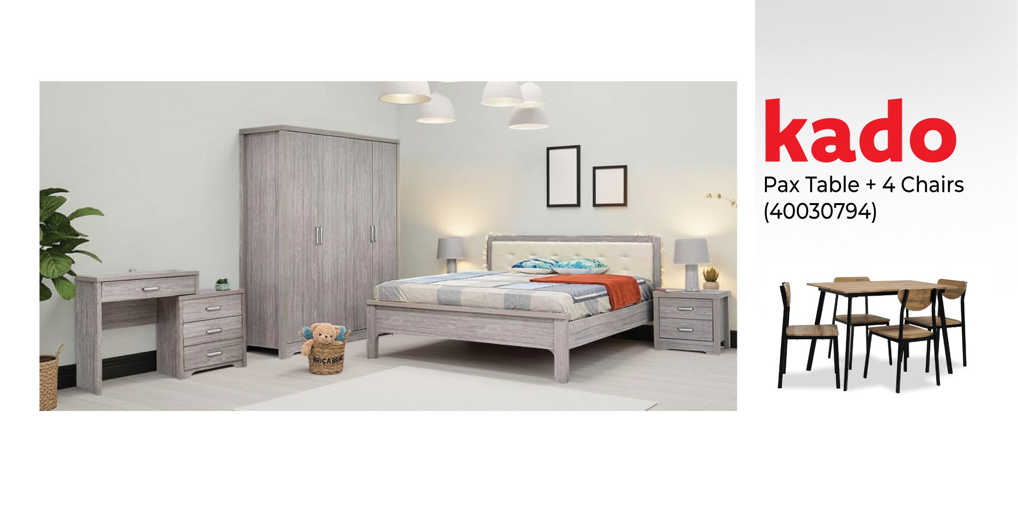 Frankfurt Bedroom Set 180X200 cm Grey Oak & Free Pax Table and 4 Chairs Metal/MDF