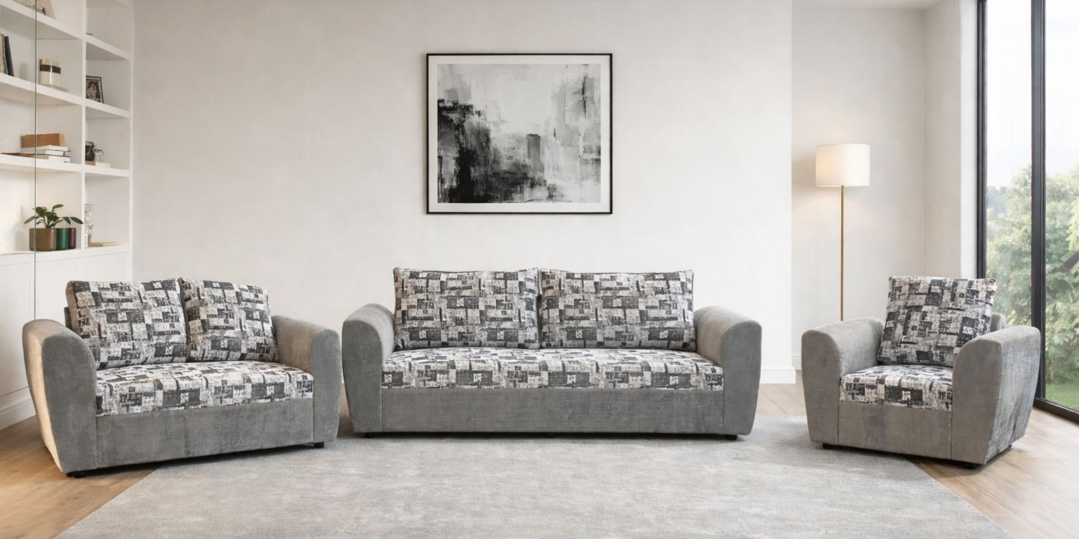 Lisa 3+2+1S Fab Light Grey W/Pattern Black Cushion