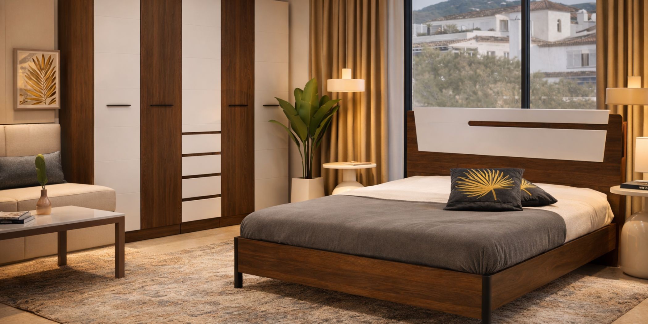 Azzurra Bed 180x200 cm & Wardrobe 5 Doors Walnut & White