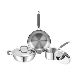 Vinod PLXS3 Platinum Triply Luxe Set of 3: 24cm Deep Kadai W/Lid, 16cm Saucepan W/Lid, 22cm Frypan