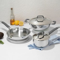 Vinod PLXS3 Platinum Triply Luxe Set of 3: 24cm Deep Kadai W/Lid, 16cm Saucepan W/Lid, 22cm Frypan