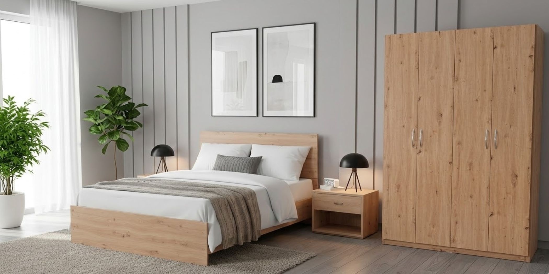 Brazilia Bed 150x190 cm & Brazilia Wardrobe 4 Doors Light Oak Hydrofuge Particle Board