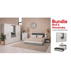 Venicia Bed 160x200 cm & Venicia Wardrobe 4 Doors & 3 Drawers With Spot Light In MDF/Plywood