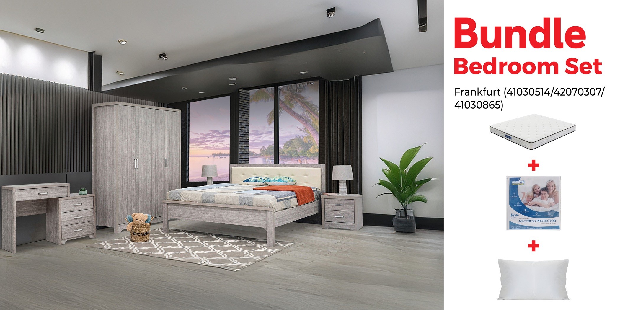 Frankfurt Bedroom Set 180X200+Dorluxe Spinal Memory Mattress+Mattress Protector+x2 Pillow